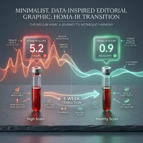 graphic illustrating the transition from a high HOMA-IR score of 5.2 with insulin resistance to a healthy score of 0.9 after a 3-week lifestyle transition, symbolized by blood vials and wavy lines.