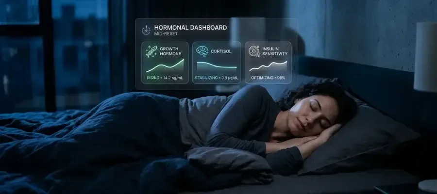 Is Sleep Slowing Your Metabolism: Woman sleeping while a holographic hormonal dashboard displays data for growth hormone, cortisol, and insulin sensitivity.