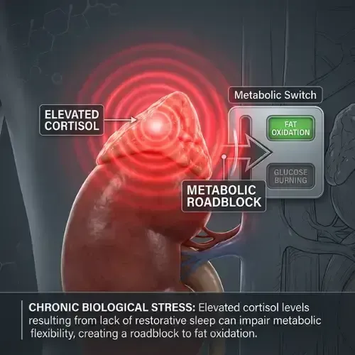 Diagram illustrating how elevated cortisol from chronic stress creates a metabolic roadblock preventing the switch to fat oxidation.