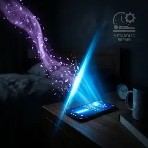 smartphone resting on a dark nightstand emits a bright blue light, interacting with purple energy streams containing glowing particles, with a "Metabolic Repair" icon visible above.