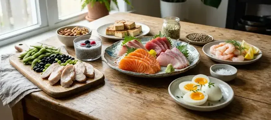 Why Protein Is the Most Important Macronutrient for Fat Loss: A wooden table displays a variety of high-protein foods including sashimi, sliced chicken, boiled eggs, shrimp, tofu, nuts, and chia pudding