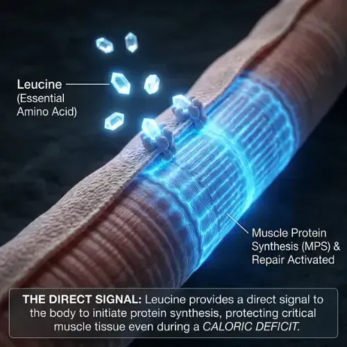 rendering illustrating Leucine crystals signaling activation of Muscle Protein Synthesis and Repair within muscle tissue.