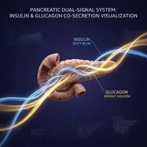 visualization illustrating the pancreatic dual-signal system, showing co-secretion pathways for soft blue insulin and bright golden glucagon through the pancreas.