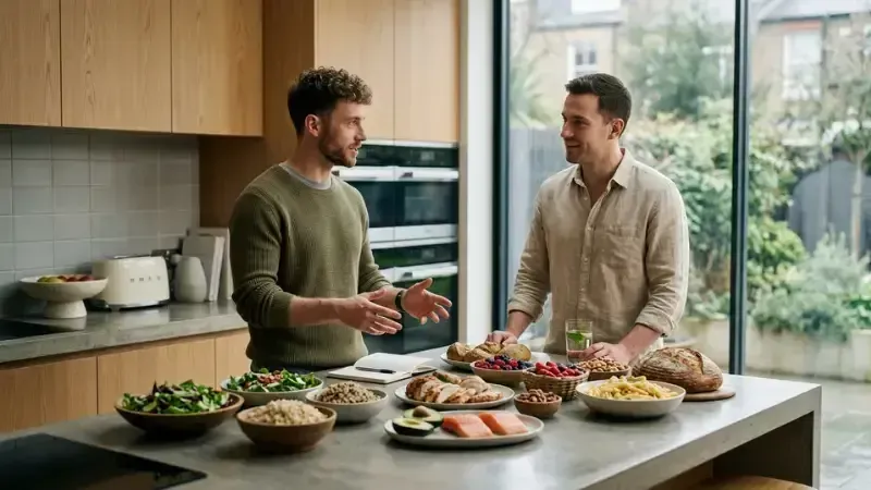 Two men discussing how low carb diet works in kitchen featuring a counter loaded with various bowls of salads, grains, salmon, chicken and bread.