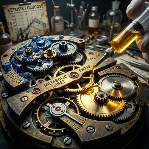 clockwork mechanism labeled "Metabolic Reset" is being oiled with yellow liquid from a syringe, with background references to ketosis and glucose.