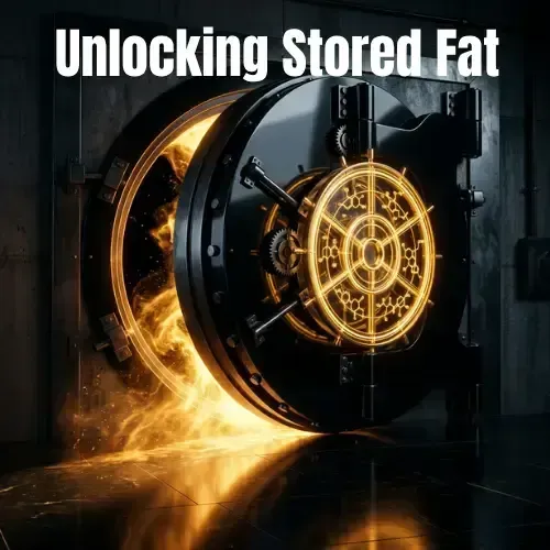 vault door opening with glowing orange energy and the text "Unlocking Stored Fat" overlayed.