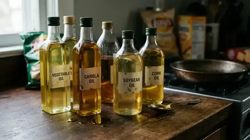 seed oils bottles labeled Vegetable, Canola, Soybean, and Corn oils sit on a dark wooden countertop next to a stovetop with a frying pan