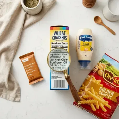 Wheat Crackers box magnified by a brass-handled lens, alongside Mayonnaise, a small peanut butter bar, and a bag of Ore-Ida Golden Crinkles