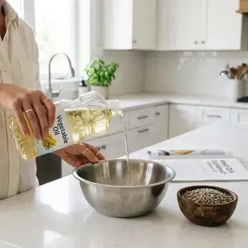 Person pours vegetable oil from a plastic bottle into a mixing bowl on a kitchen counter next to a small bowl of sunflower seeds.