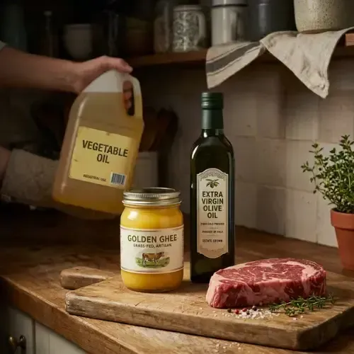 vegetable oil bottle above a cutting board displaying golden ghee, a bottle of extra virgin olive oil, and a raw steak seasoned with salt and pepper.