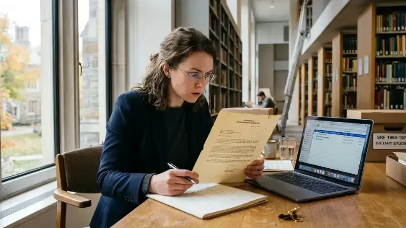 Woman intently reads a document in a library archive beside an open laptop