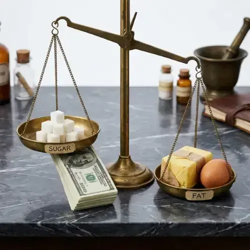 balance scale weighs sugar cubes balanced by money against fat (butter and an egg) labeled "FAT" on a dark marble surface.