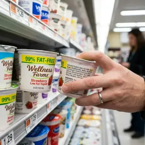 Man holds a container of Strawberry Low Fat Yogurt in a grocery store aisle lined with refrigerated dairy products.
