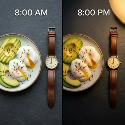 Time-Restricted Eating: Split image showing avocado and poached eggs served at 8:00 AM and 8:00 PM
