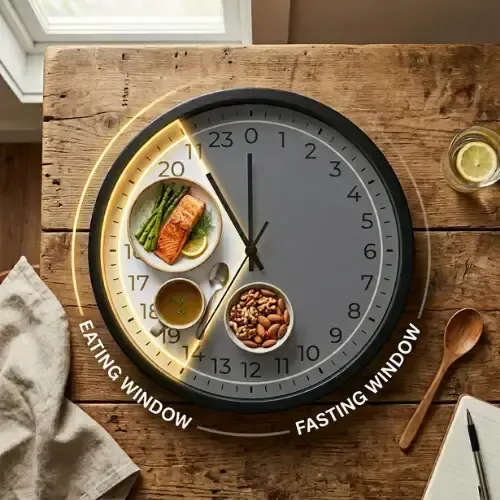 Time-Restricted Eating: clock illustrates intermittent fasting, with the eating window section showing plates of salmon, asparagus, soup, and nuts