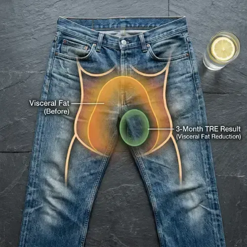 Blue jeans lying flat illustrate visceral fat reduction with an orange outline indicating the before state and a green circle marking the 3-Month TRE result.