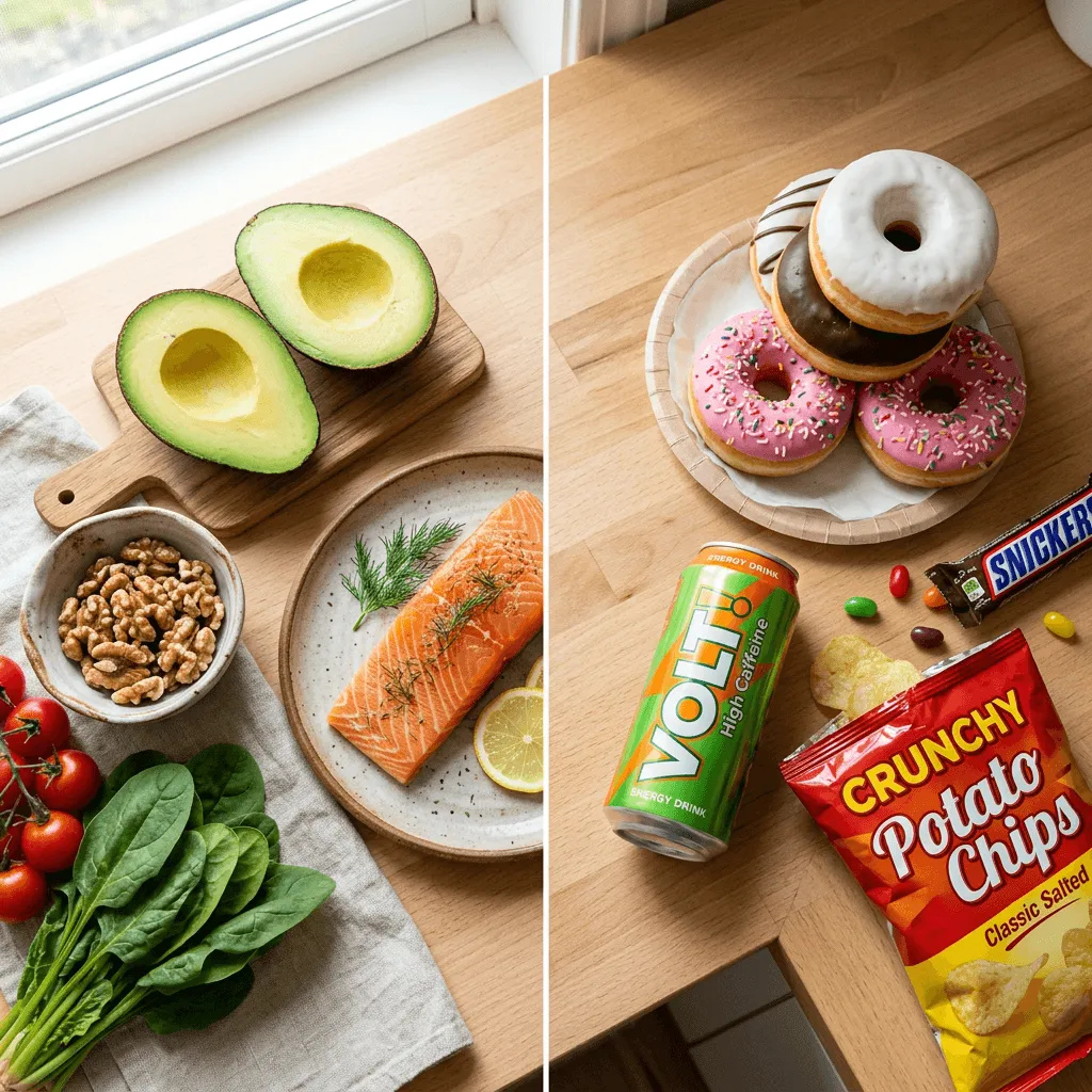 Healthy foods vs junk food comparison — avocado, salmon, and greens versus donuts, chips, and energy drink
