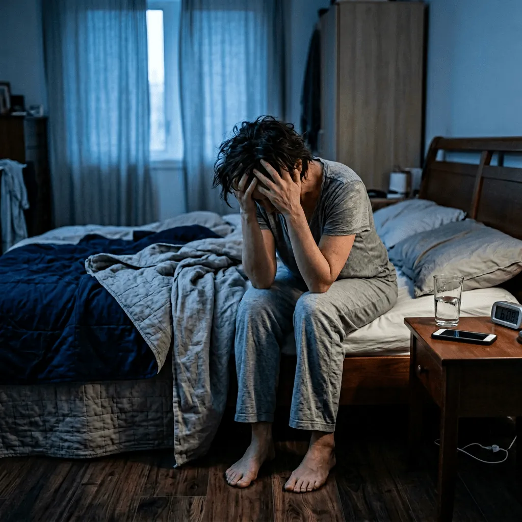 Person sitting on the edge of a bed with head in hands at night, representing stress, insomnia, or sleep problems