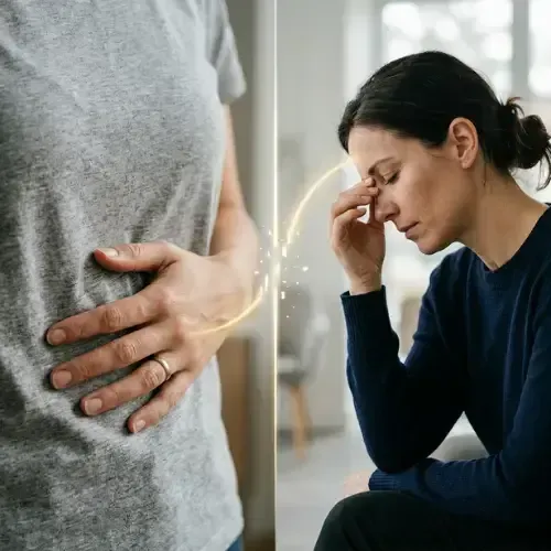 Woman holding stomach and experiencing intermittent fasting metabolism effects.