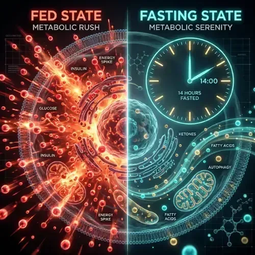 Split infographic of intermittent fasting: fed state (glucose, insulin spikes) vs fasting state (ketones, autophagy).