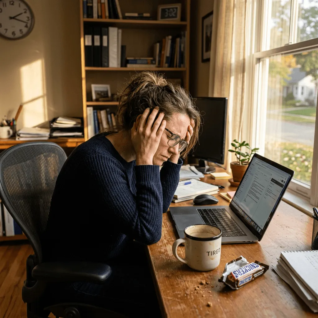 Stressed woman holding her head at a cluttered home office desk with a laptop, 'Tired' coffee mug, and Snickers bar.