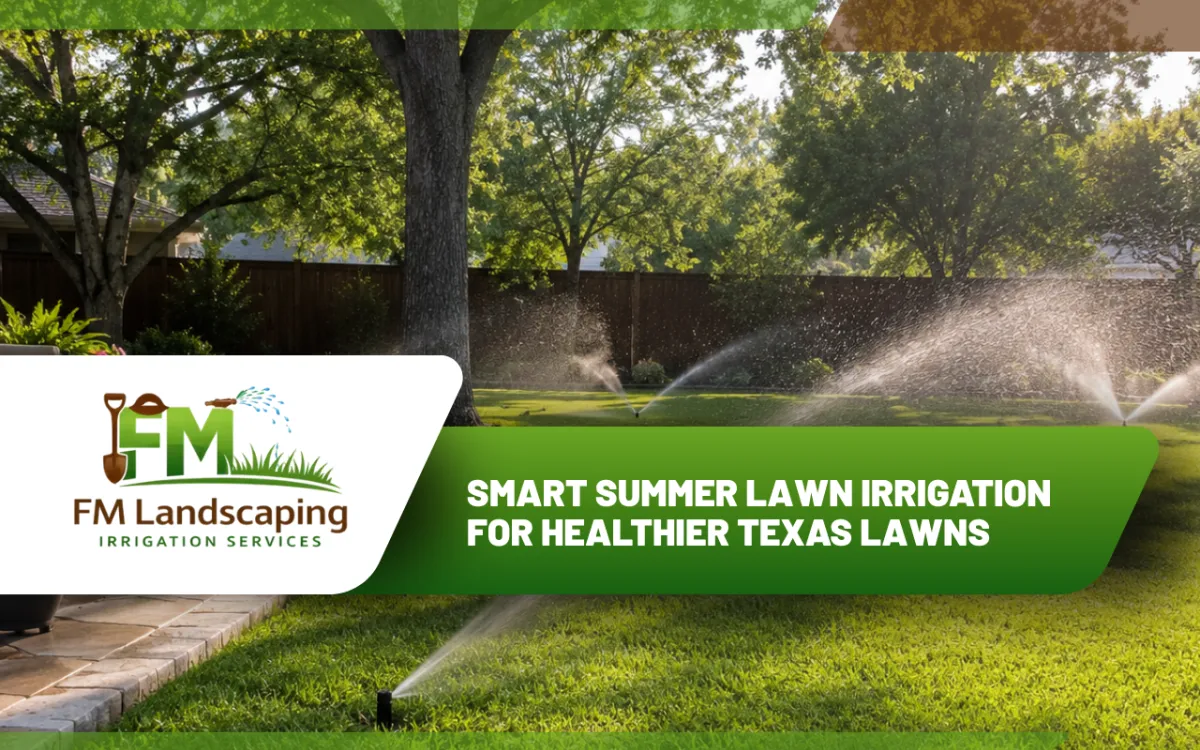  Summer lawn irrigation system watering healthy grass in North Texas