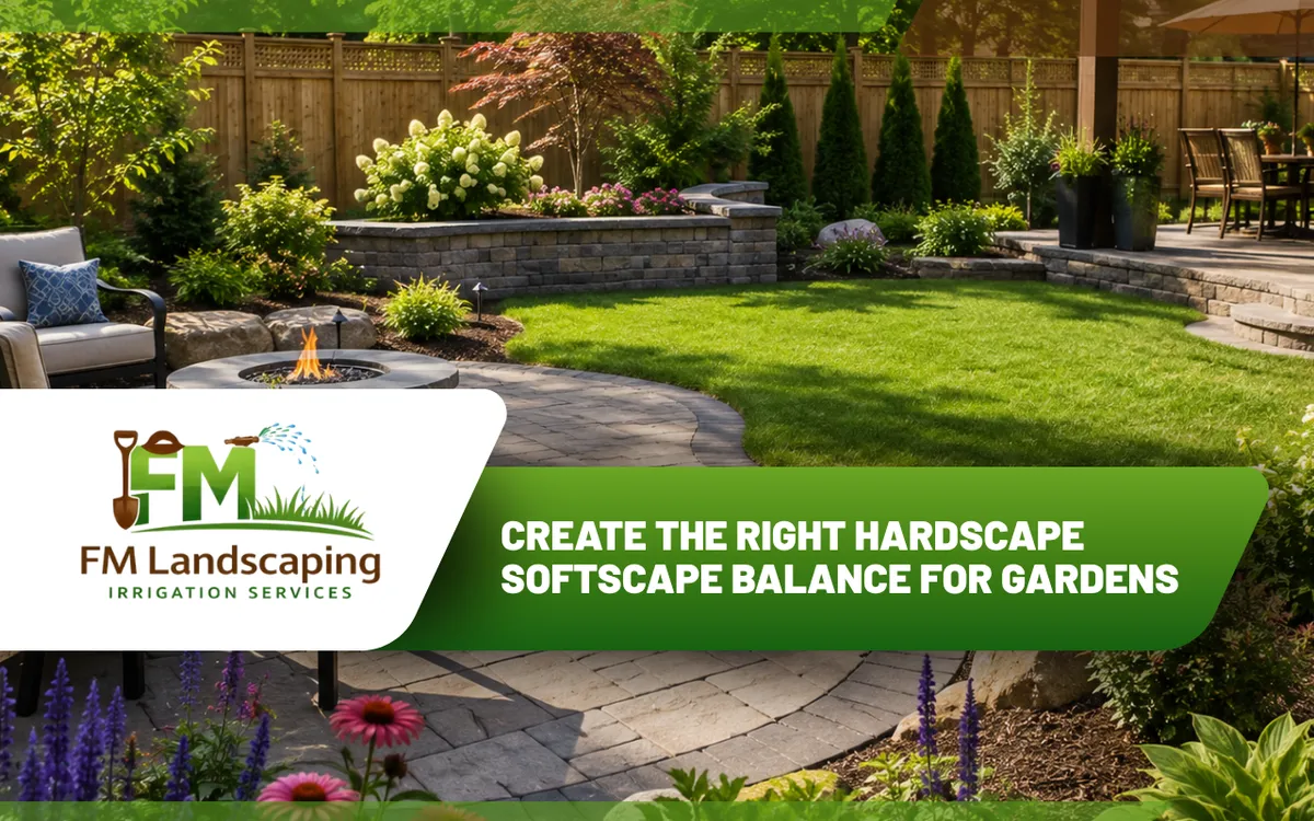 Hardscape softscape balance with a patio, lawn, and garden plants