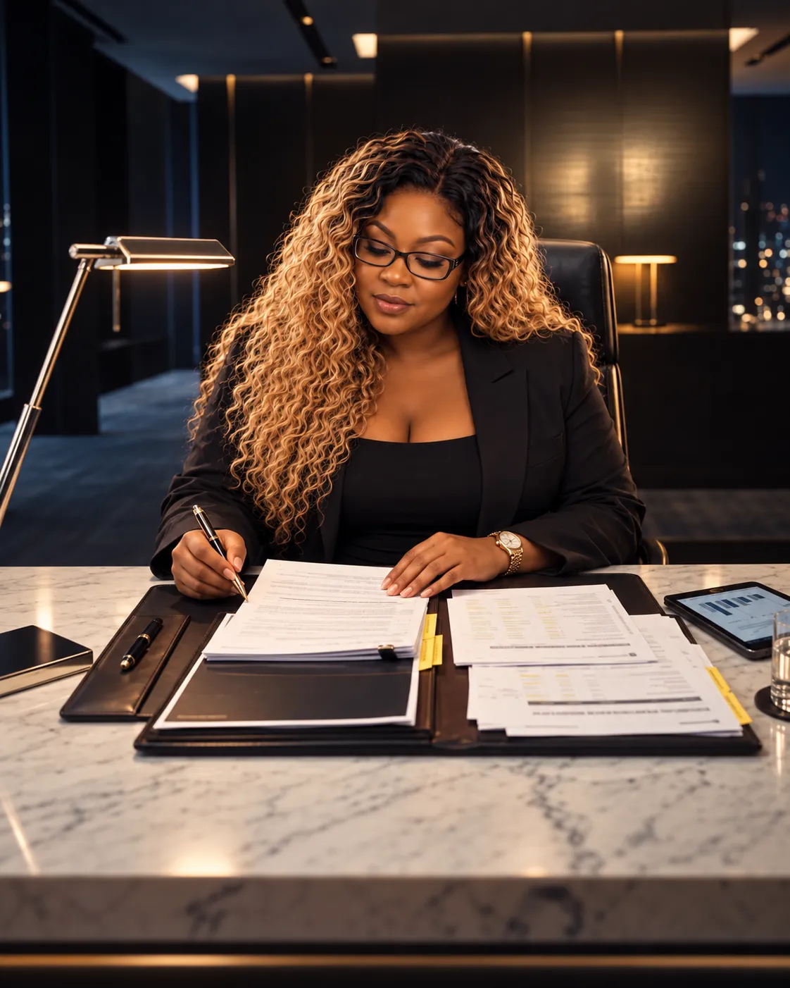 Senior financial strategist reviewing tax portfolio at executive marble desk in modern office