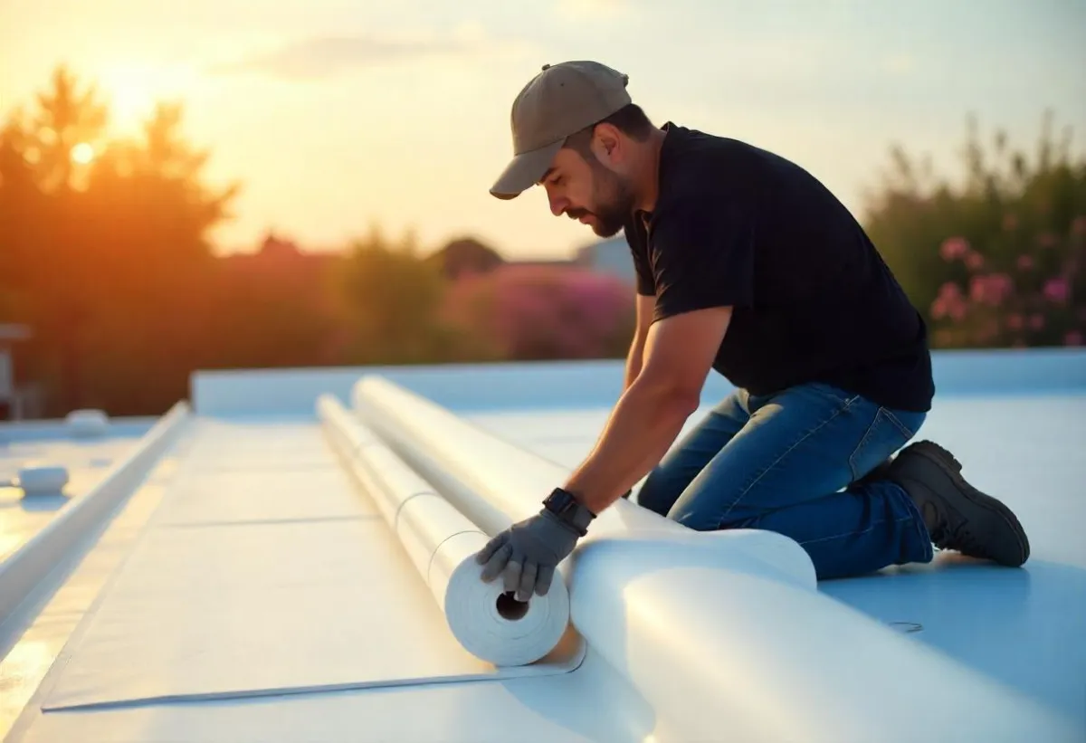 RoofNuts crew heat-welding TPO seams on flat roof in Florida