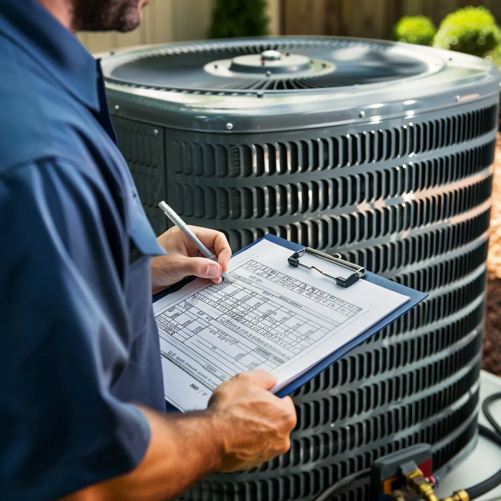 Technician recording AC inspection results outdoors. Soligo Air provides seasonal AC Tune Up Inspections across Central Florida for year-round reliability