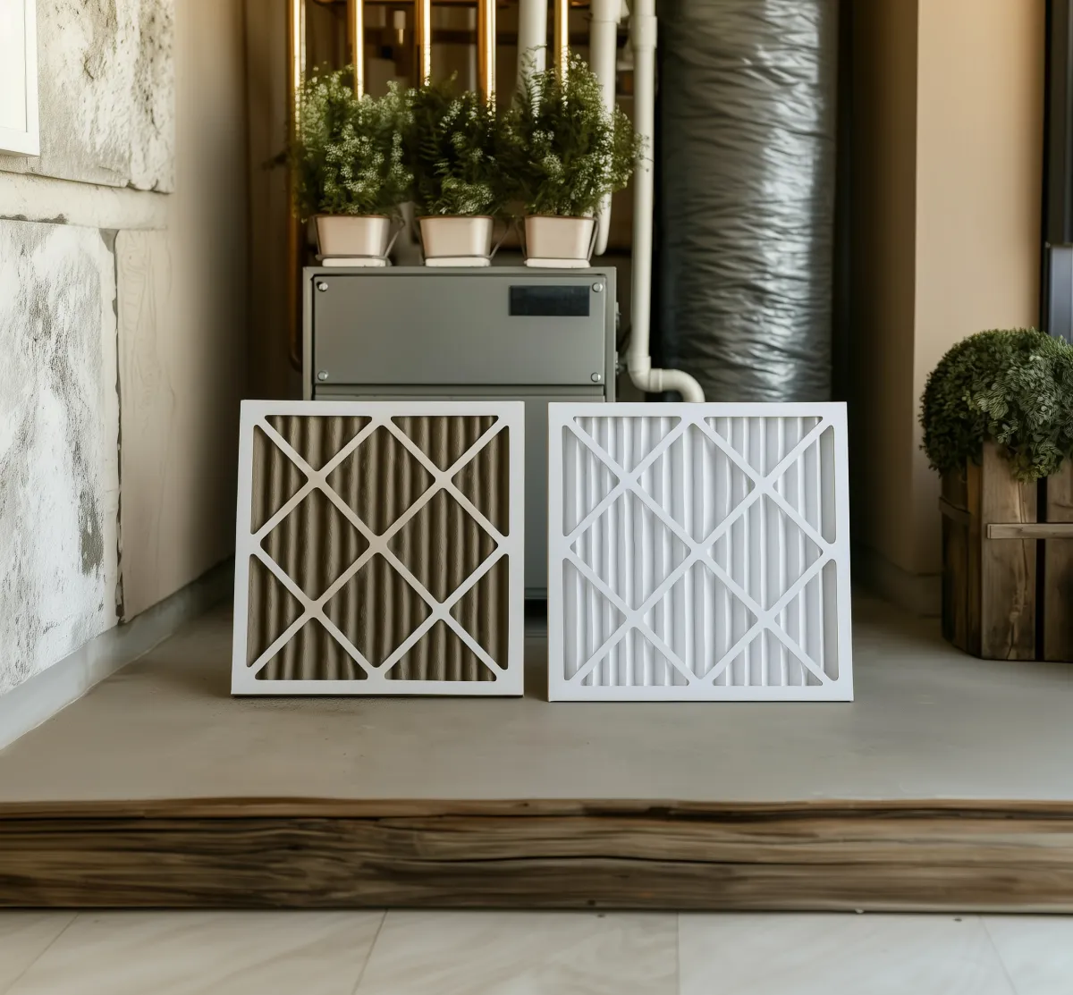 Before-and-after AC filters beside HVAC unit. Soligo Air’s Central Florida AC Tune Up Inspection improves airflow and system health.