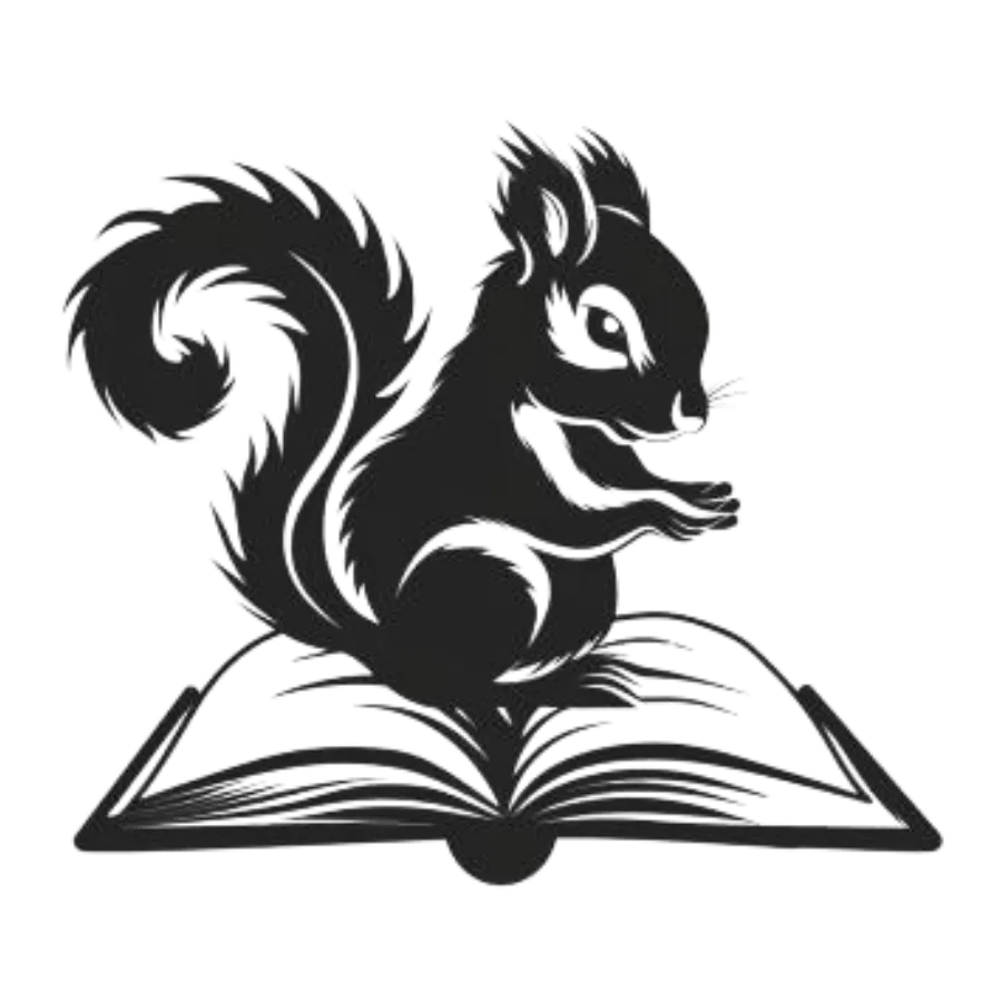 Squirrel sitting on an open book