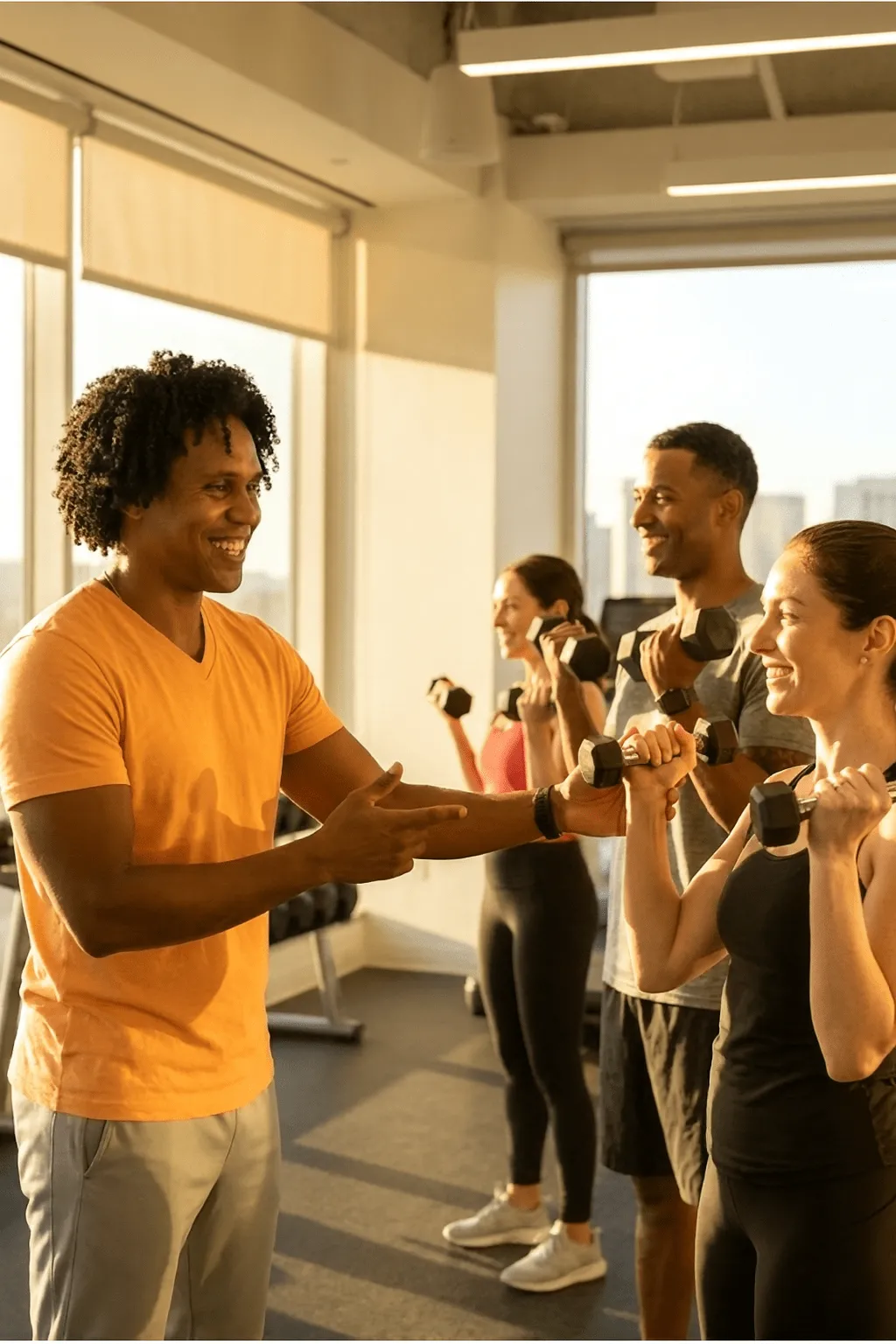 Coach Junior leading a small group strength-training session as part of a corporate fitness program.