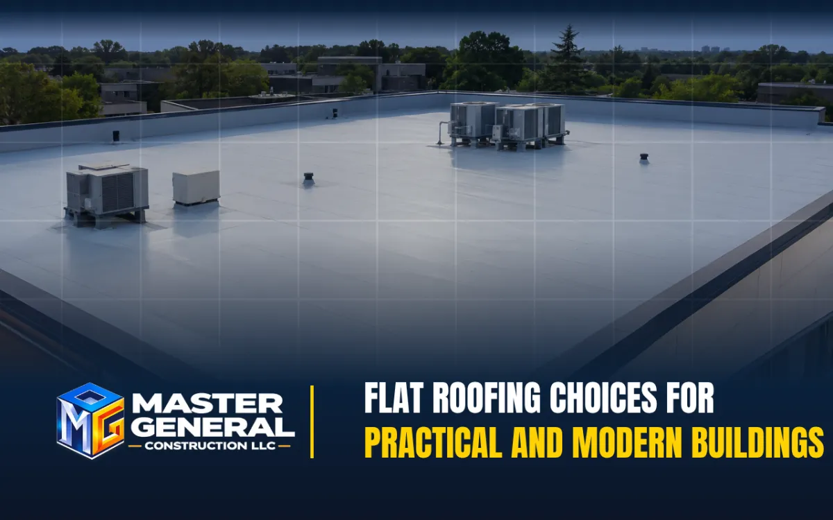  Flat roofing system installed on a modern commercial building