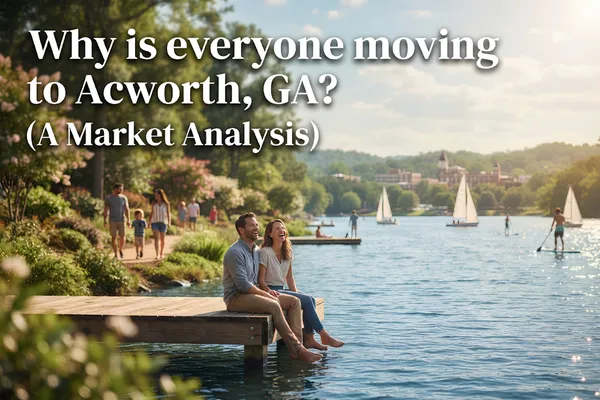 Aerial view of Acworth GA at golden hour with lakes and neighborhoods