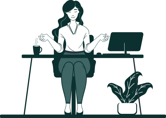 Graphic: A woman sits at her work desk in a zen medi