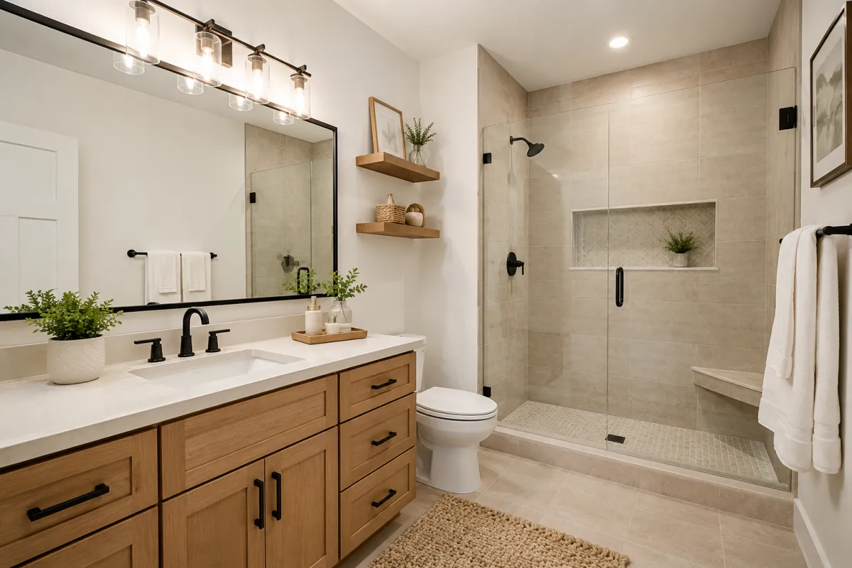 Modern bathroom remodel with updated vanity, walk-in shower, tile and storage