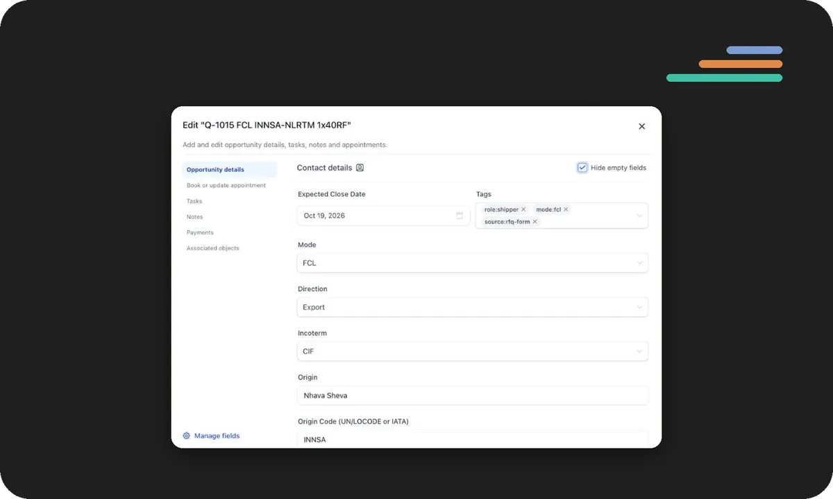 RYNR quote record with mode, direction, incoterm and origin of the shipment request