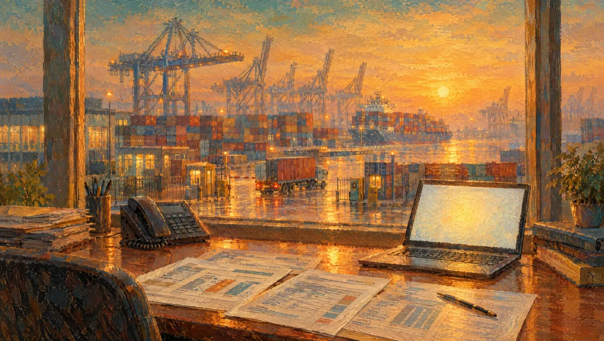 Forwarder sales desk with freight quotes overlooking a container terminal, CRM vs TMS