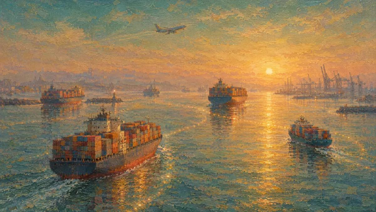 Container ships arriving at a harbor from different routes, choosing a freight network such as WCA, JCtrans, GLA or Pangea