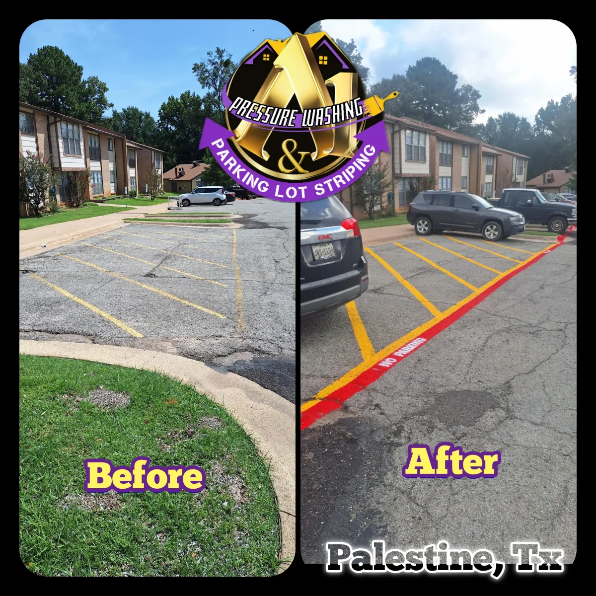 before and after picture of parking lot striping by a1 pressure washing and parking lot striping in rusk tx