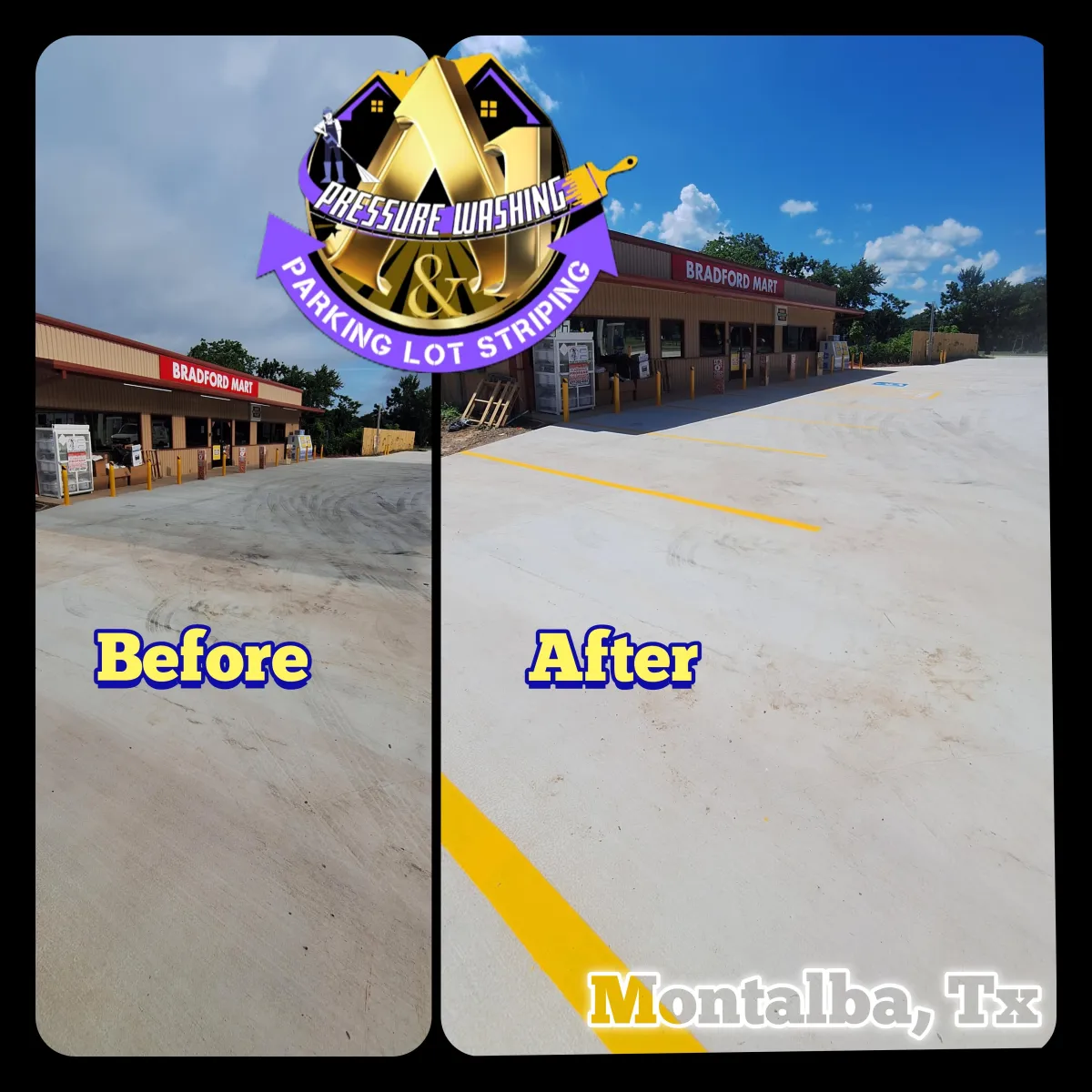 before and after picture of parking lot striping by a1 pressure washing and parking lot striping in Montalba tx