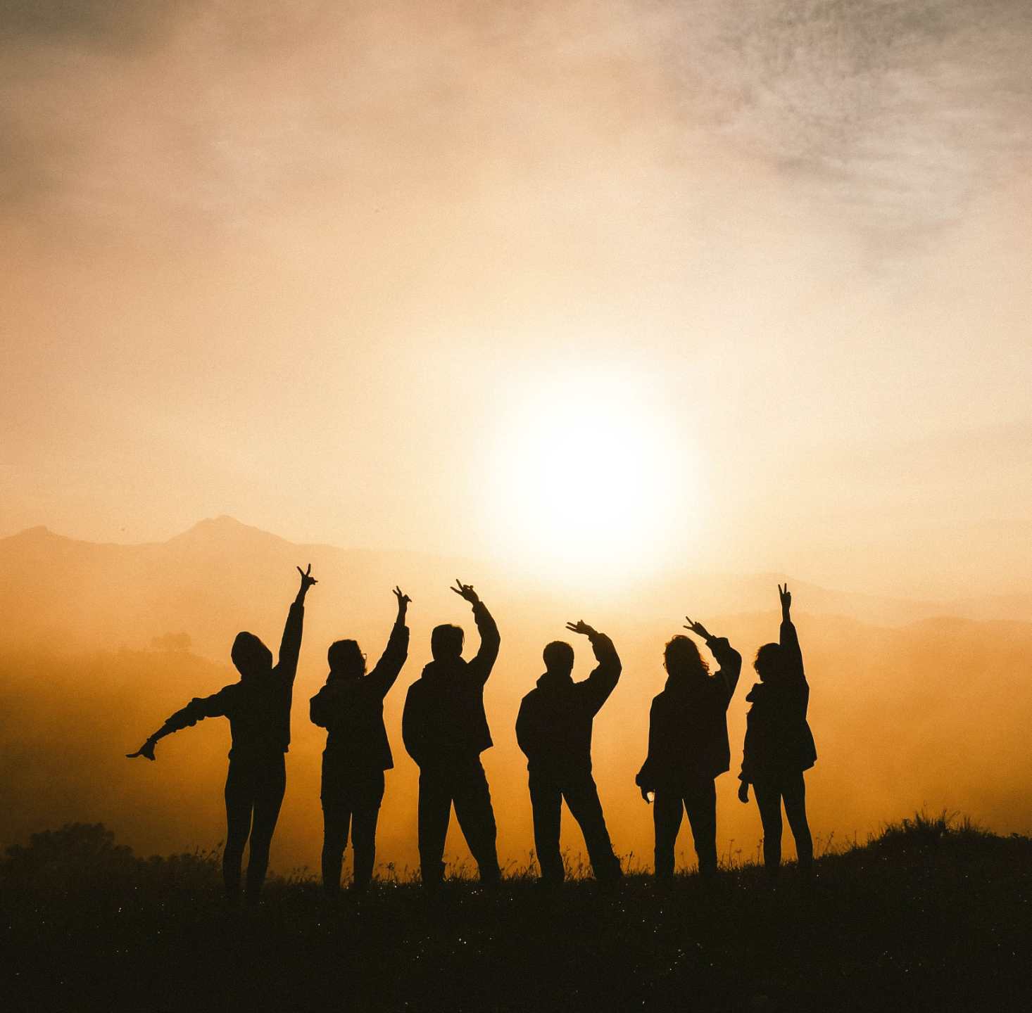 Silhouette of a group of people celebrating at sunset representing the private community support offered in the Solutions Functional Medicine Centre Membership Program