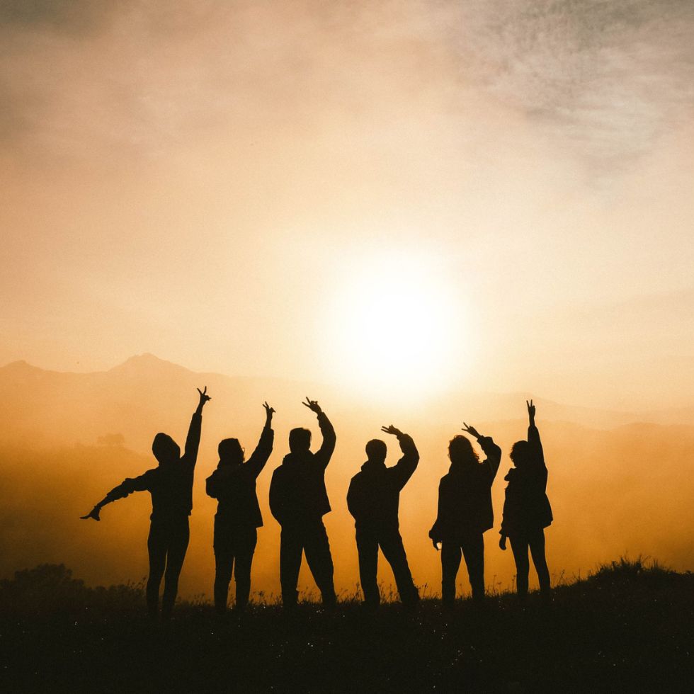 Silhouette of a group of people celebrating at sunset representing the private community support offered in the Solutions Functional Medicine Centre Membership Program