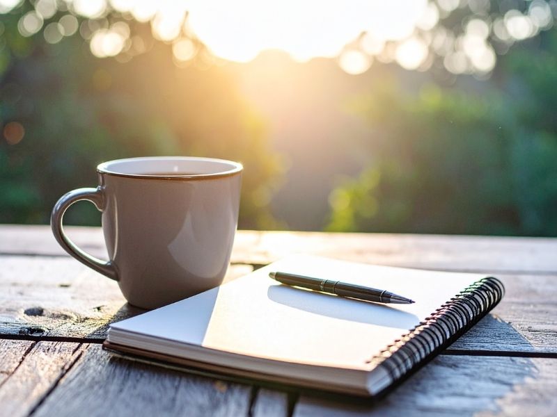 Peaceful Morning Routine with Coffee and Notebook Outdoors.