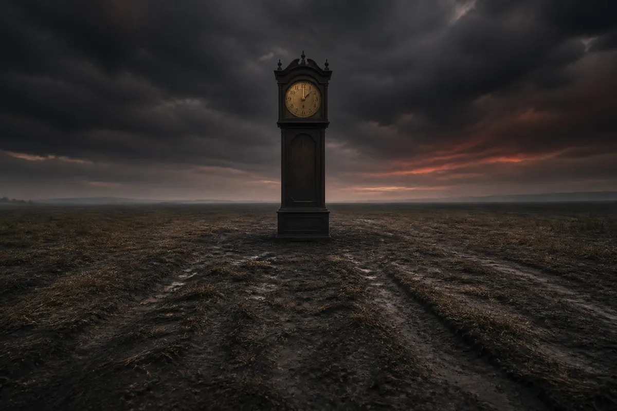 A dark mahogany grandfather clock standing in a worn, muddy field beneath storm clouds tinged with red.