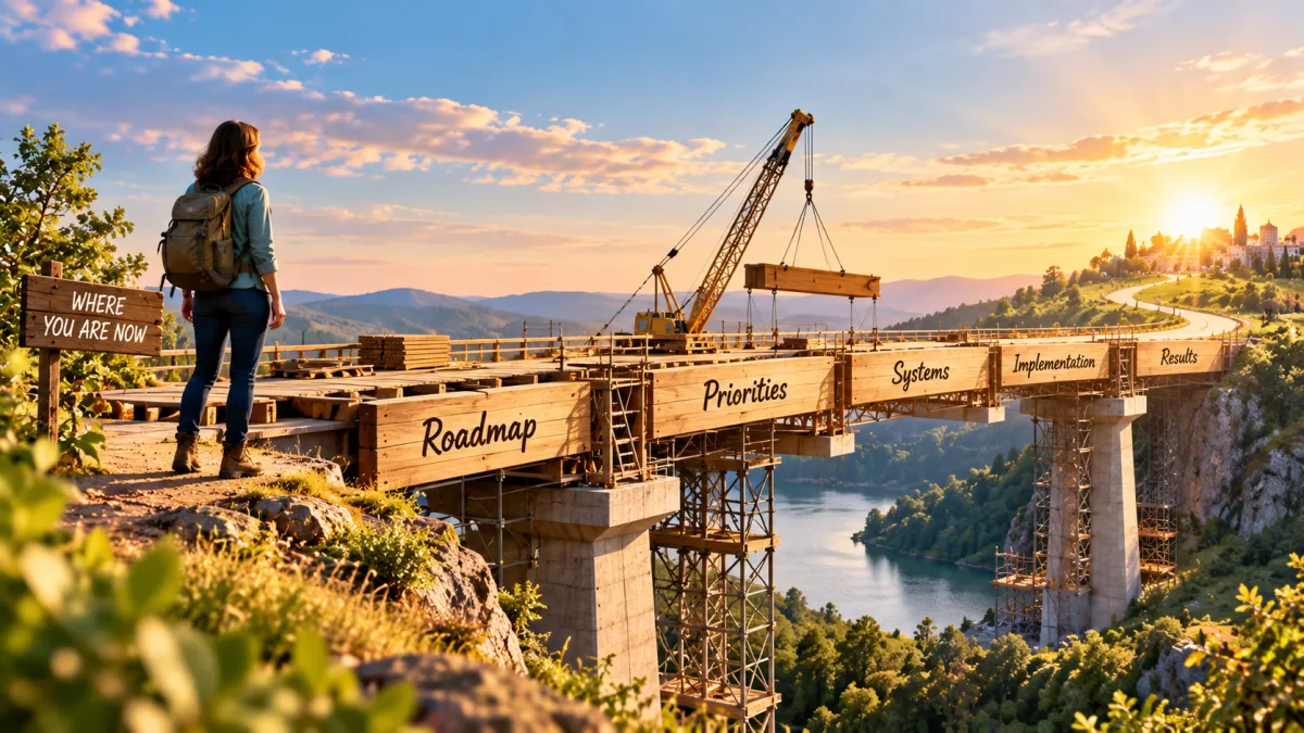 Bridge under construction connecting where you are now to a clear destination, with stages for roadmap, priorities, systems and implementation.
