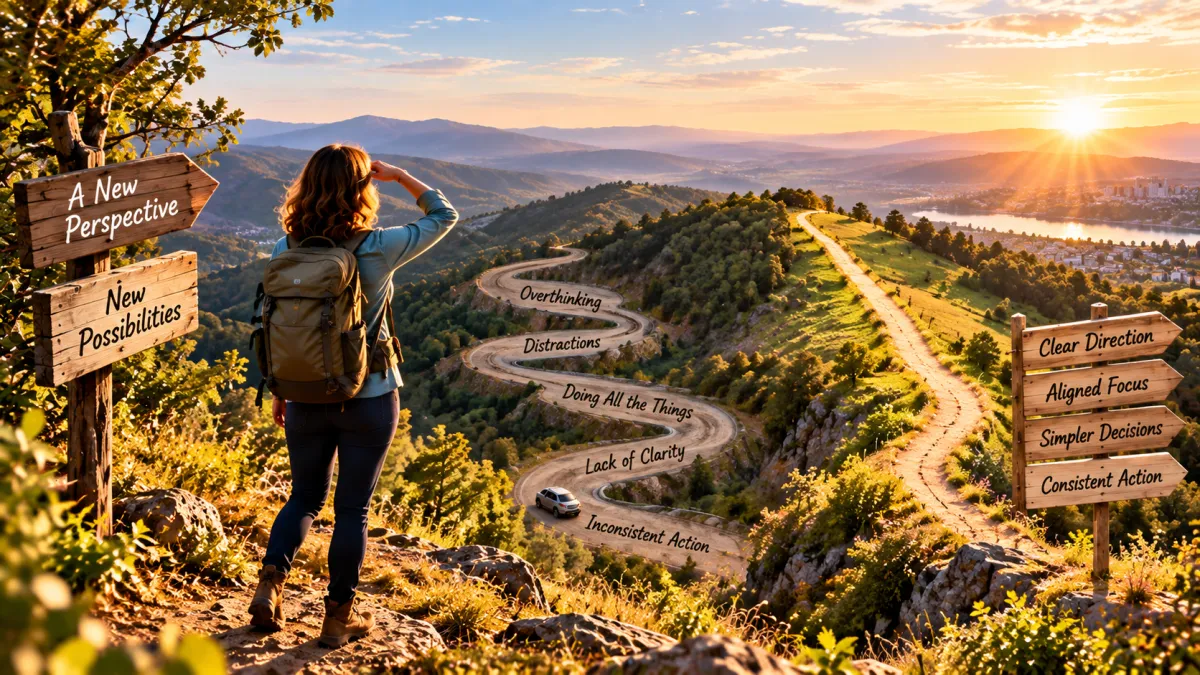 Woman overlooking two paths, revealing a new perspective and a clearer way forward.