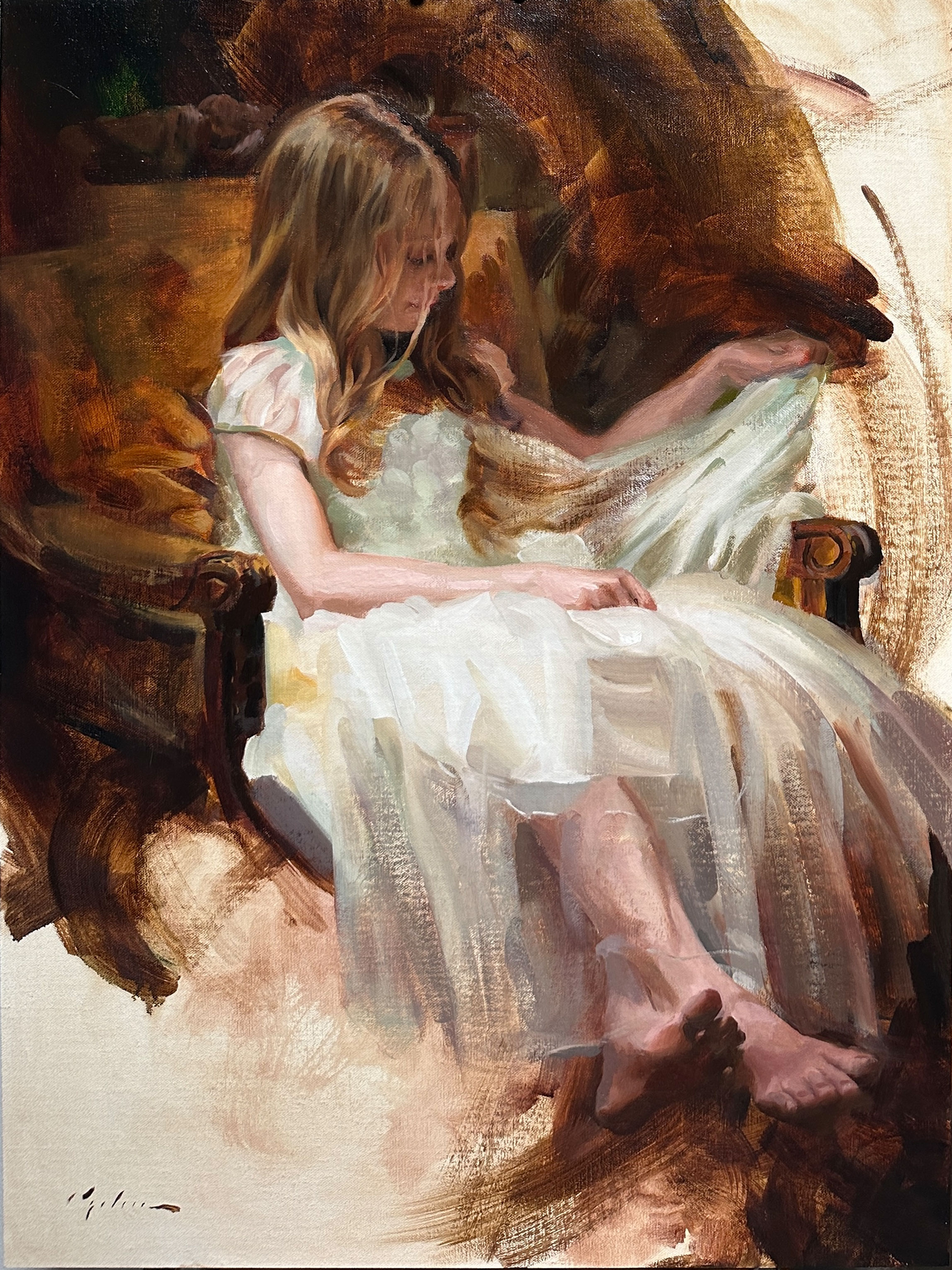 Chelsea Lang painting an alla prima portrait in the studio