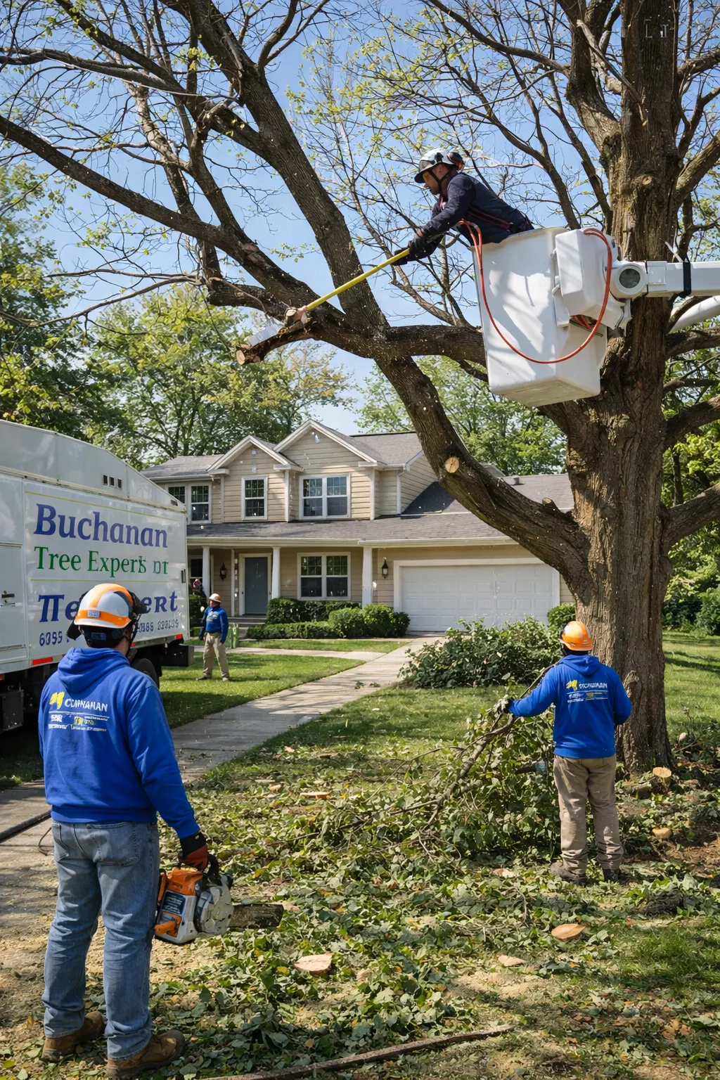 A tree arborist is cutting a branch.